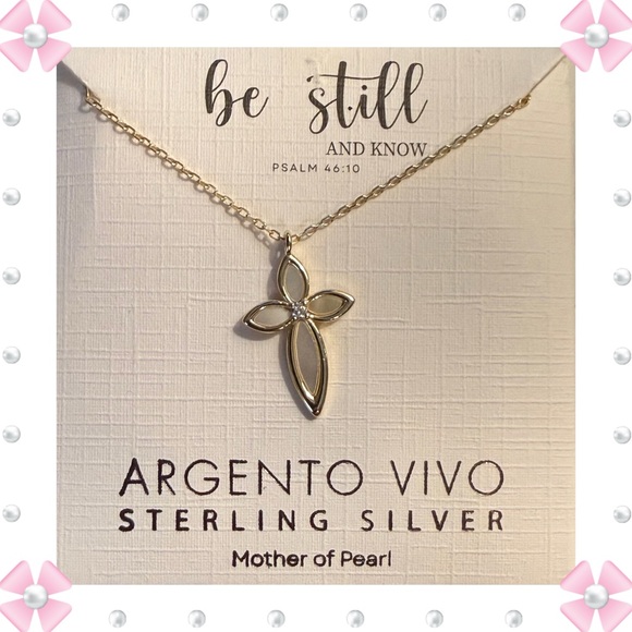 Argento Vivo Jewelry - Necklace & cross pendant - 925 gold plated mother of pearl cross - 16-18”L - New